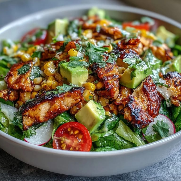 Bright flavors shine in this Roasted Corn & Chicken Chopped Salad, featuring creamy avocado, crisp radish slices, and red onion tossed in a zesty lime vinaigrette.