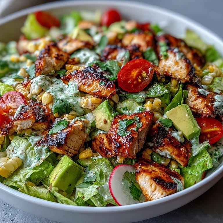A hearty Roasted Corn & Chicken Chopped Salad is served in a white bowl, combining juicy grilled chicken, charred corn kernels, and fresh cilantro for a refreshing dinner.