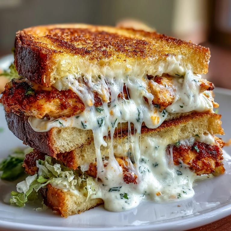 Close-up of an irresistible Buffalo Chicken Caesar sandwich, hot off the griddle.