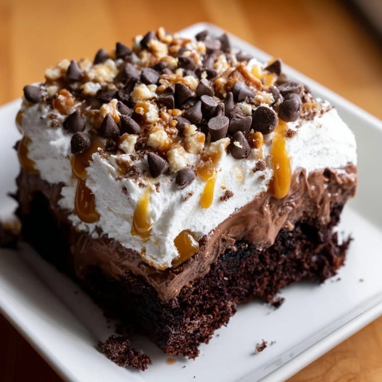 Decadent Better Than Sex Cake, a chocolate poke cake drizzled with caramel and sprinkled with toffee.