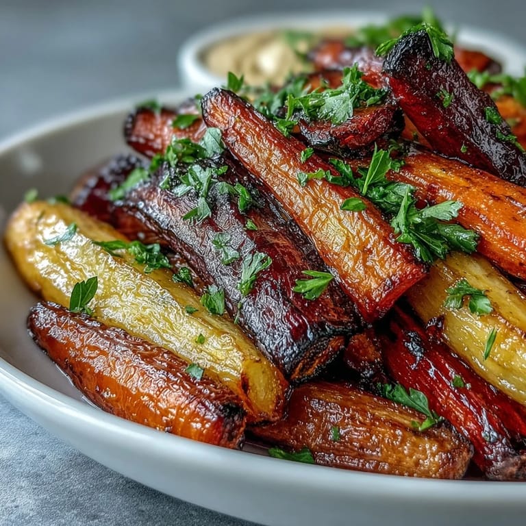 Rainbow carrots and hummus arranged for sharing, highlighting golden edges and a rich, creamy dip.