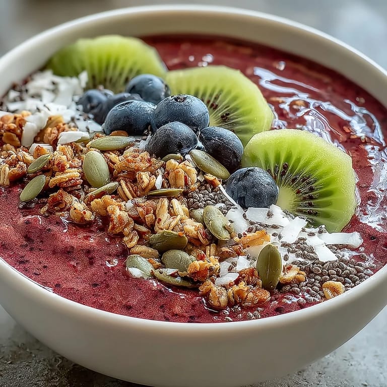 Two creamy, vibrant Beet and Berry Smoothie Bowls garnished with pumpkin seeds, shredded coconut, and mint leaves on a table.