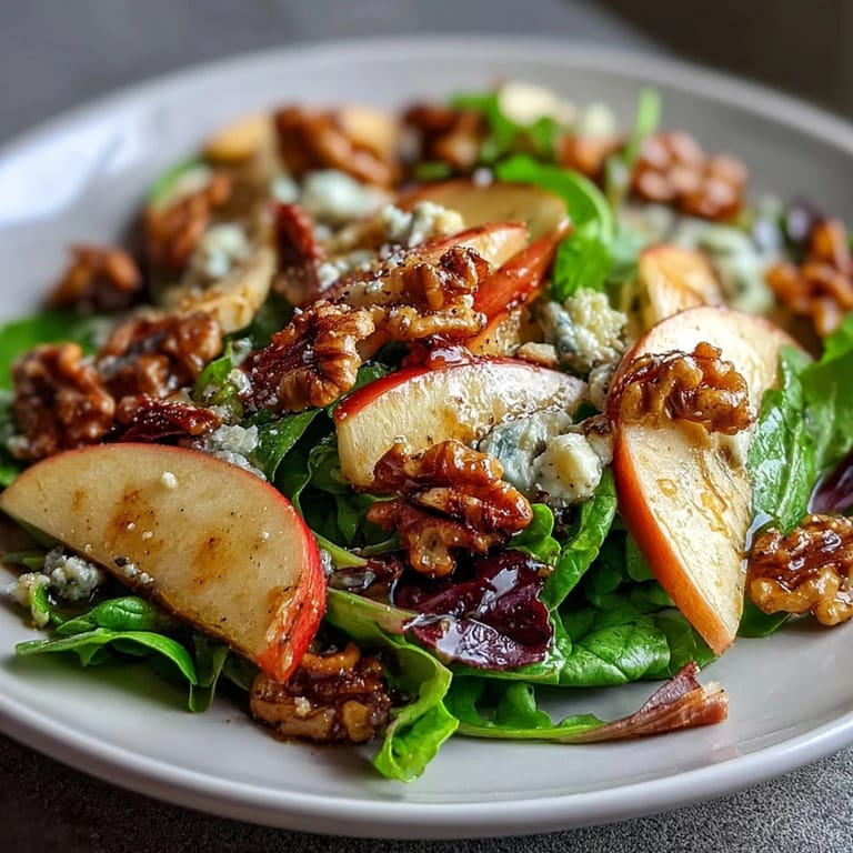This simple Apple and Walnut Salad offers a refreshing mix of sweet apples, earthy walnuts, and peppery greens, drizzled with lemon-honey vinaigrette.