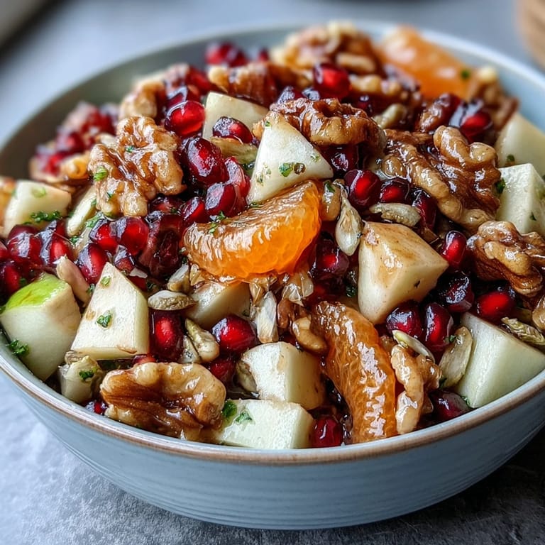 Freshly tossed Pomegranate and Walnut Salad featuring orange segments, diced pear, and crunchy pumpkin seeds on a rustic kitchen counter.