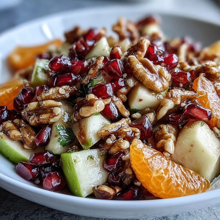 Close-up of Pomegranate and Walnut Salad showing juicy pomegranate arils, chopped walnuts, and a drizzle of honey-cinnamon dressing.