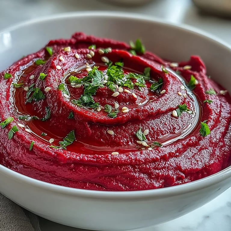 Earthy Roasted Beet Hummus garnished with sesame seeds and a lemon wedge, perfect for spreading on crostini.