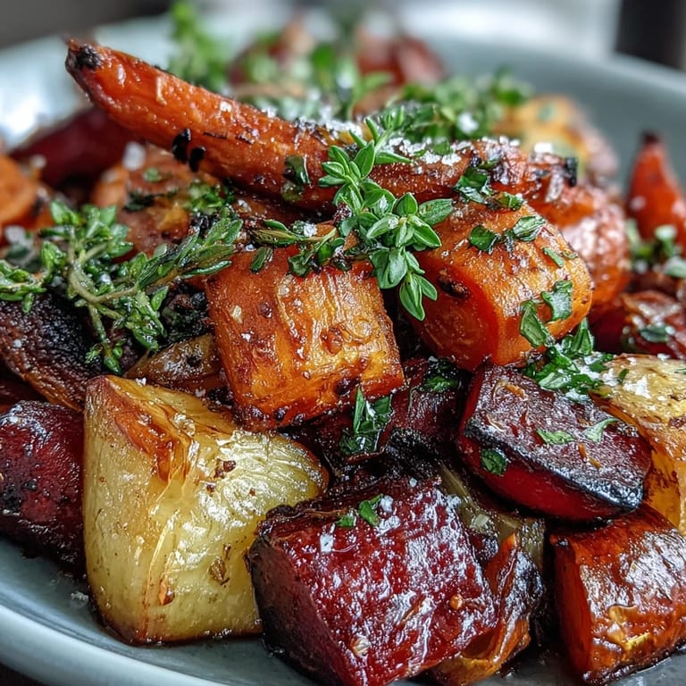 A close-up of caramelized Roasted Root Vegetable Medley served warm as a colorful vegan side dish.