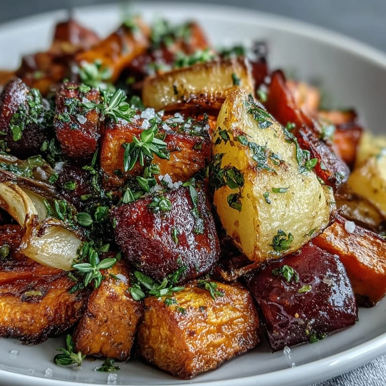 Seasoned root vegetables, like sweet potatoes and rutabaga, roasted to perfection with a sprinkle of fresh parsley.