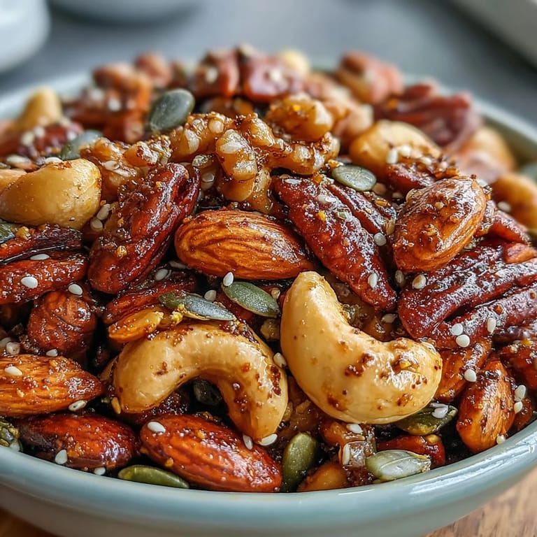 Golden Spiced Nuts and Seeds Mix glistening on a baking sheet, with warm cinnamon, turmeric, and smoked paprika aroma suggested for a healthy snack.