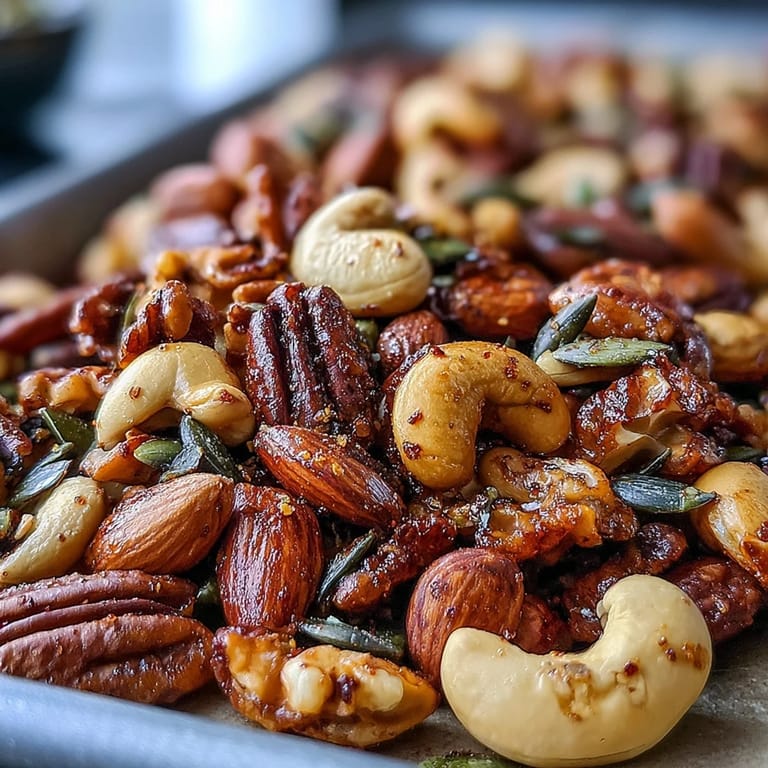Freshly baked Spiced Nuts and Seeds Mix cooled on parchment, a crunchy gluten-free snack ready to sprinkle over salads or enjoy by the handful.