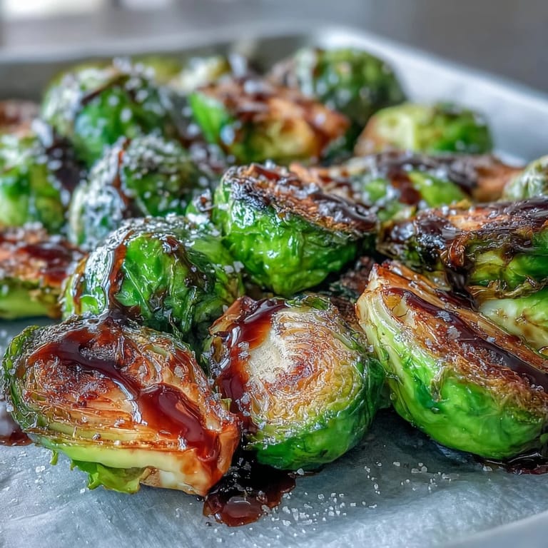 Roasted Brussels sprouts with balsamic reduction, served warm as a vegetarian side dish.  