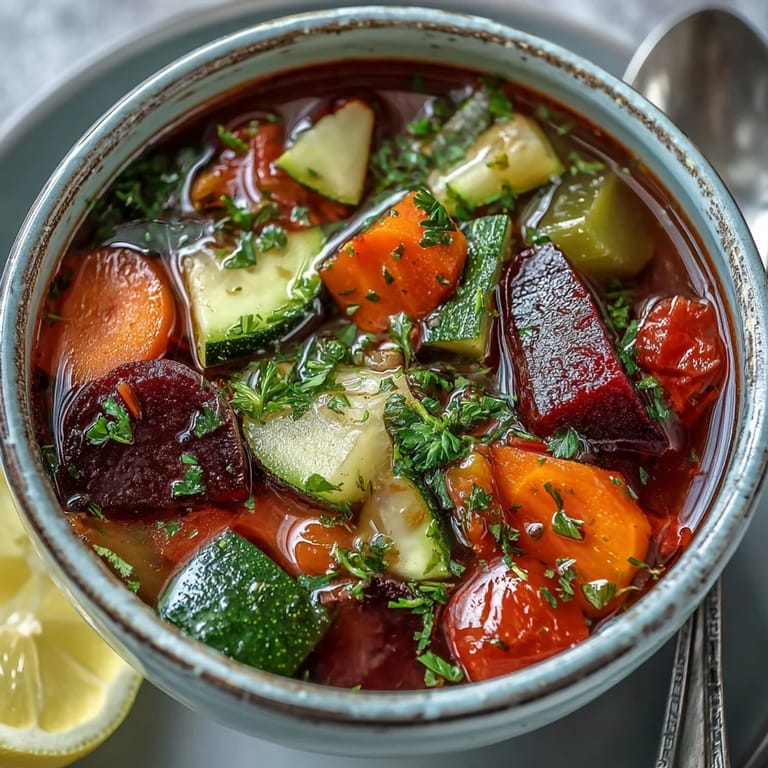 Parsley-topped Rainbow Vegetable Detox Soup in a rustic bowl, ready to serve with whole-grain bread for a nourishing dinner.