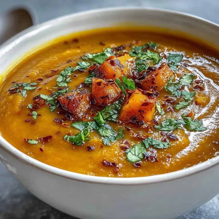 Hearty vegan butternut squash and lentil soup with a sprinkle of fresh parsley and a slice of crusty bread.
