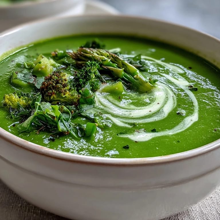 Steaming pot of vibrant green vegetable soup with asparagus, leeks, and cashews, blending into a silky, nutrient-packed broth for a healthy vegan meal.  