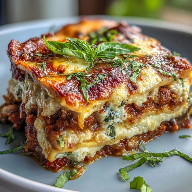 Slices of layered One-Pan Smoky Veggie Lentil Lasagne served on a plate with a side salad.