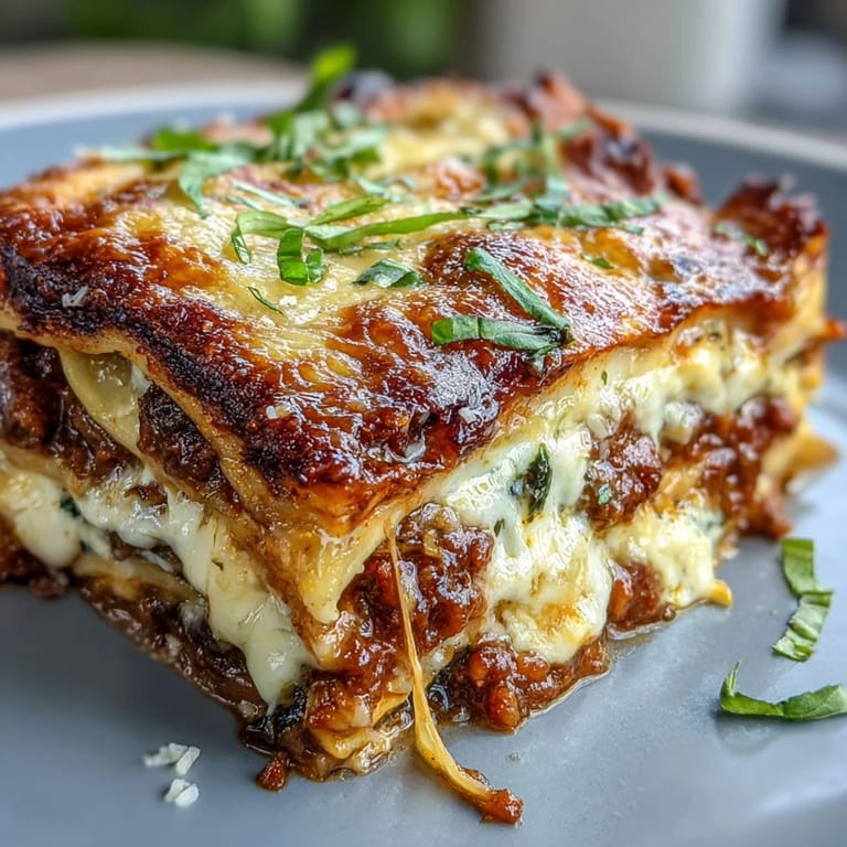 Close up of the cheesy top and saucy layers of One-Pan Smoky Veggie Lentil Lasagne in a skillet.