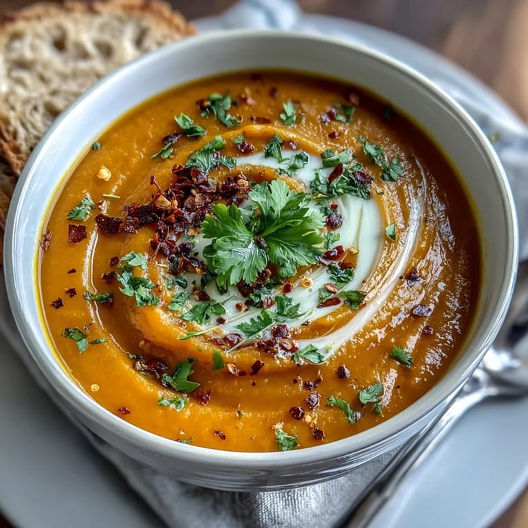Vibrant, creamy soup featuring carrots and celeriac, served with crusty bread for dipping.