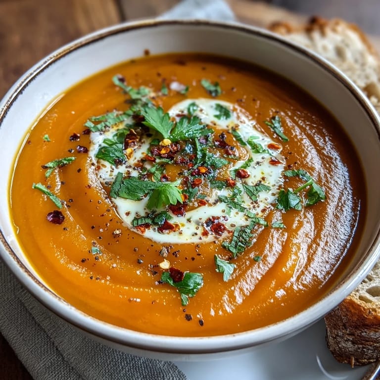 Close-up photo of smooth, golden Carrot, Celeriac and Chilli Soup in a rustic ceramic bowl.