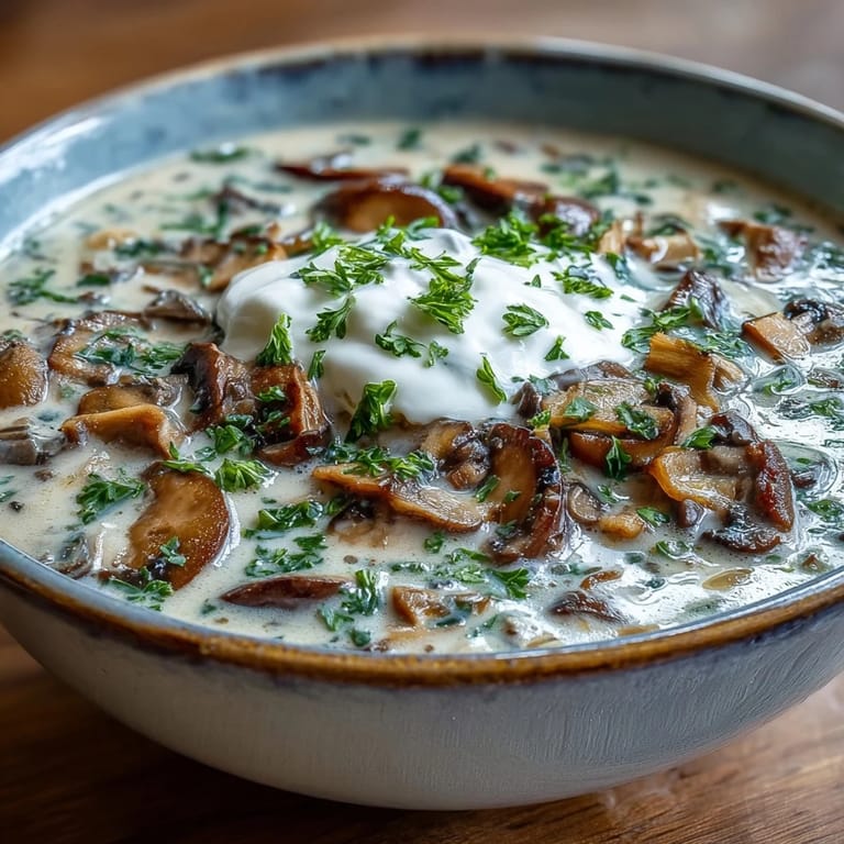 A bowl of Creamy Mushroom Stroganoff Soup served with a side of crusty artisan bread, perfect for a cozy vegetarian dinner.  