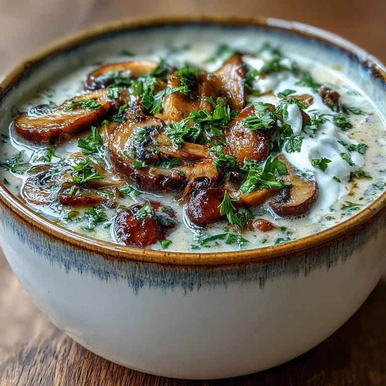 Rich Creamy Mushroom Stroganoff Soup simmering in a pot, showcasing golden sautéed mushrooms and a velvety, creamy broth.