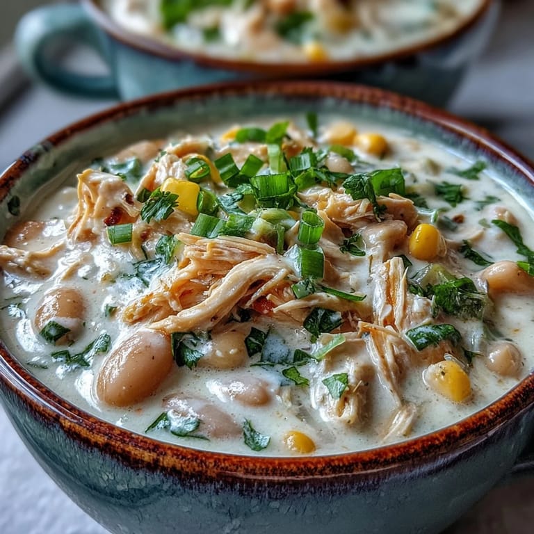 White Chicken Chili in a rustic pot, featuring tender shredded chicken, creamy white beans, and sweet corn kernels.