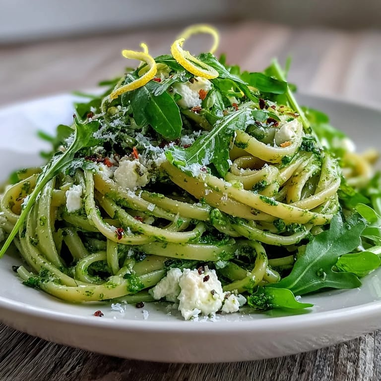 A close-up of nut-free Linguine with Arugula Pesto plated with fresh arugula garnish.