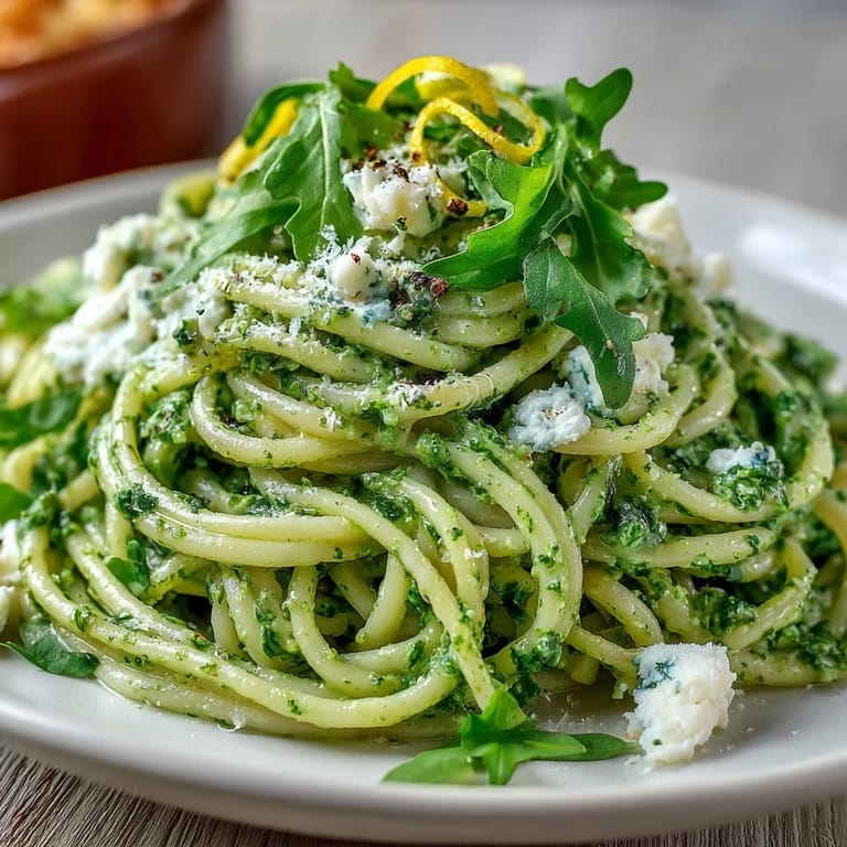Steaming Linguine with Arugula Pesto topped with grated cheese, served on a white plate.