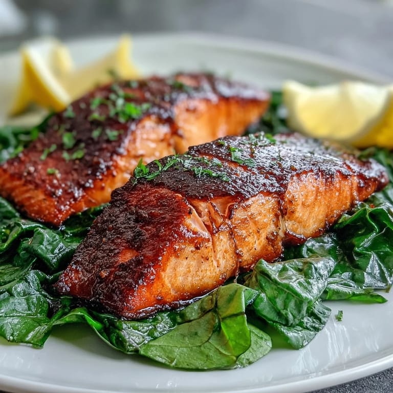 Dinner plate of Air Fryer Salmon and Swiss Chard featuring juicy fillets and vibrant wilted greens.
