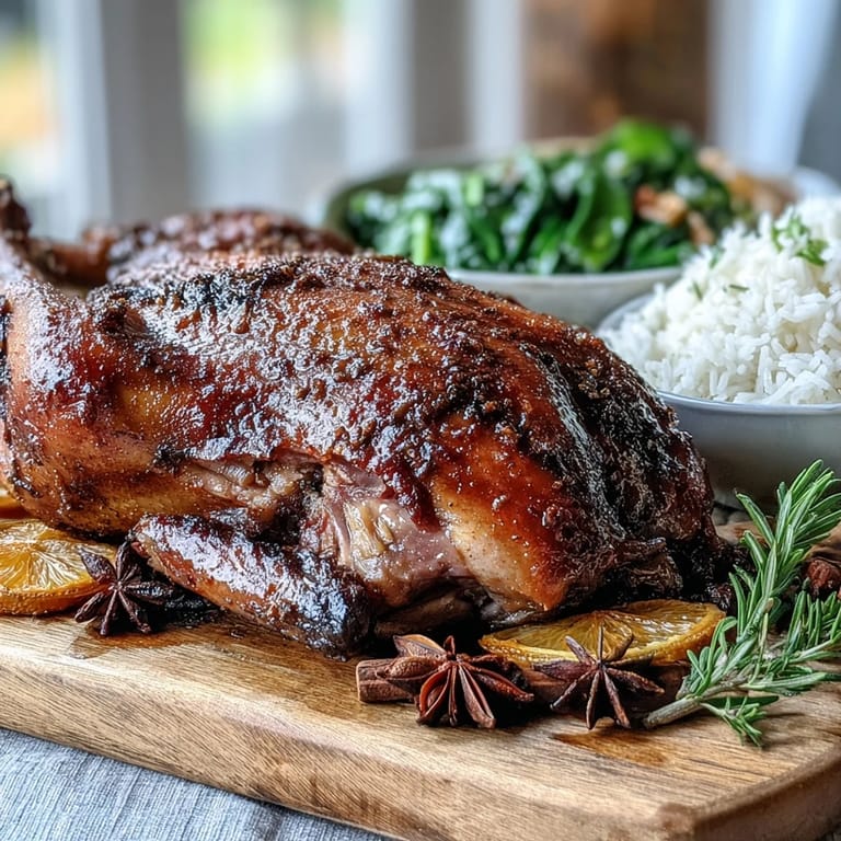 A close-up of Five-Spice Roast Ducks highlighting the aromatic star anise and orange garnish.