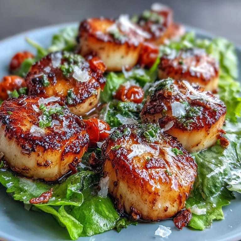 A close-up of plump, perfectly seared scallops atop a vibrant escarole salad, showcasing a lemony pesto vinaigrette and shaved Parmesan.