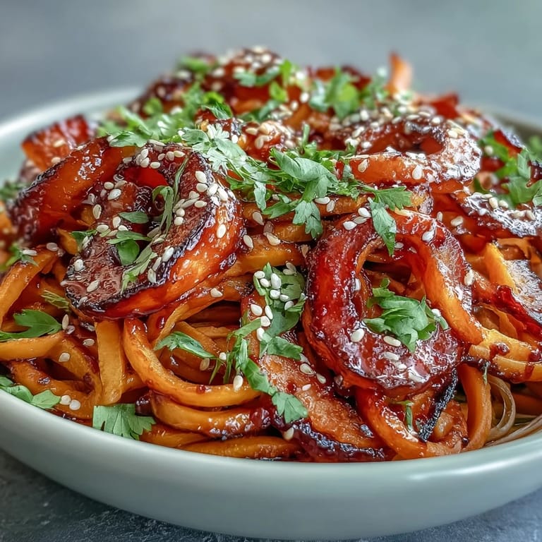 Hearty Gochujang Swede Noodles feature roasted rutabaga and crisp vegetables, drizzled with a bold Korean-inspired dressing for a satisfying meal.