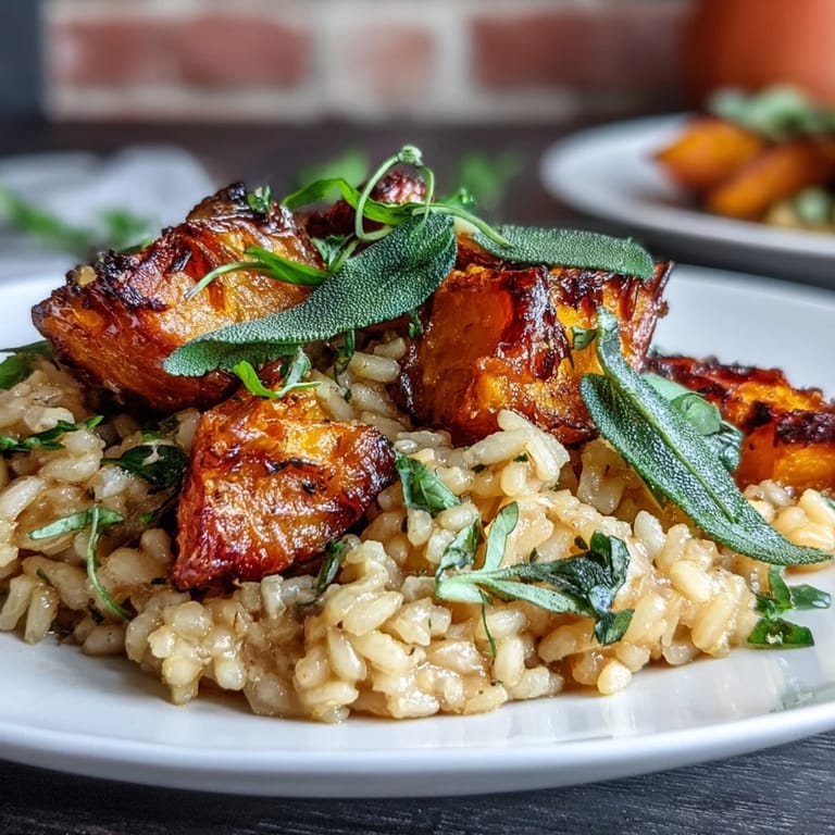 Freshly made Vegan Pumpkin Risotto featuring soft arborio rice, nutritional yeast garnish, and crunchy sage leaves on a dinner plate with a fork.