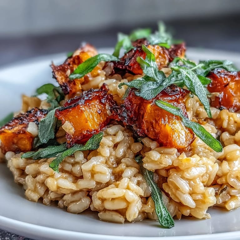 Hearty Vegan Pumpkin Risotto with tender pumpkin pieces, nutmeg, and olive oil, ready to be served as a comforting autumnal main dish.