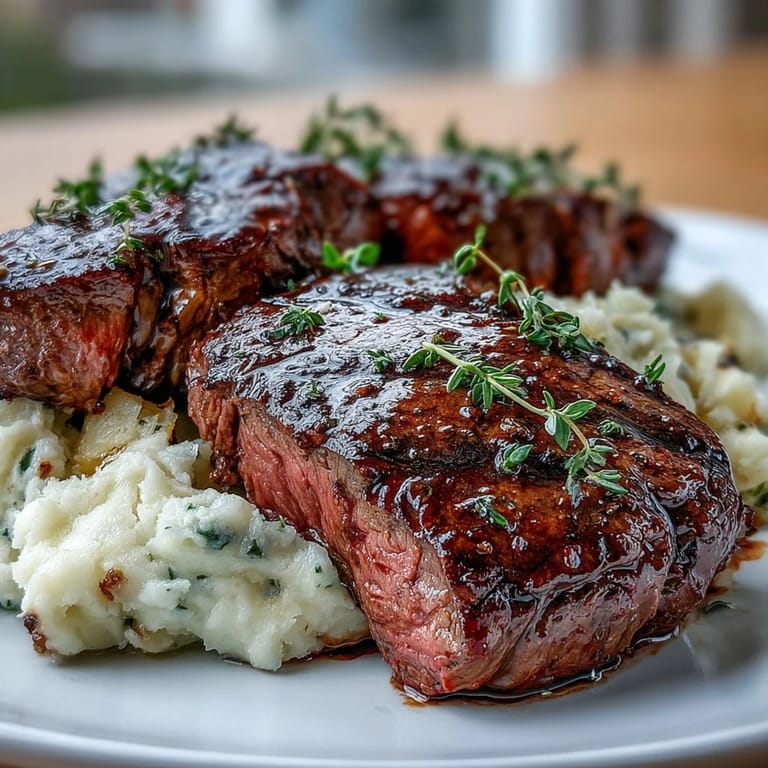 Rustic Venison Steaks with Caraway Crushed Swede garnished with fresh thyme, ready for a cozy dinner.