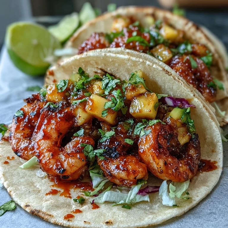 Golden shrimp in spicy sauce rest on a bed of vibrant mango salsa in tacos.