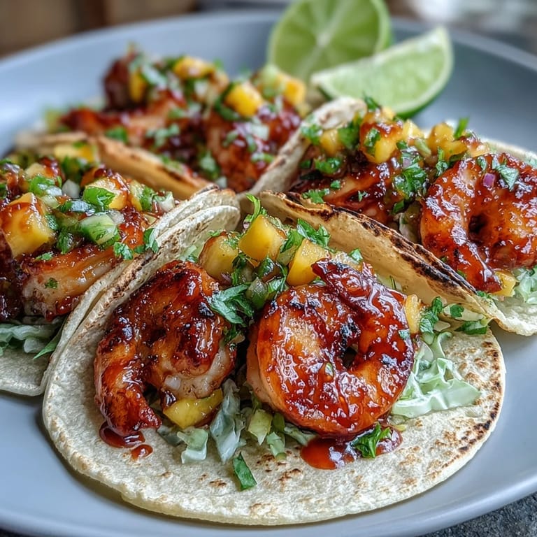 Close-up of Sriracha Shrimp Tacos with Mango Salsa garnished with cilantro and lime wedges.