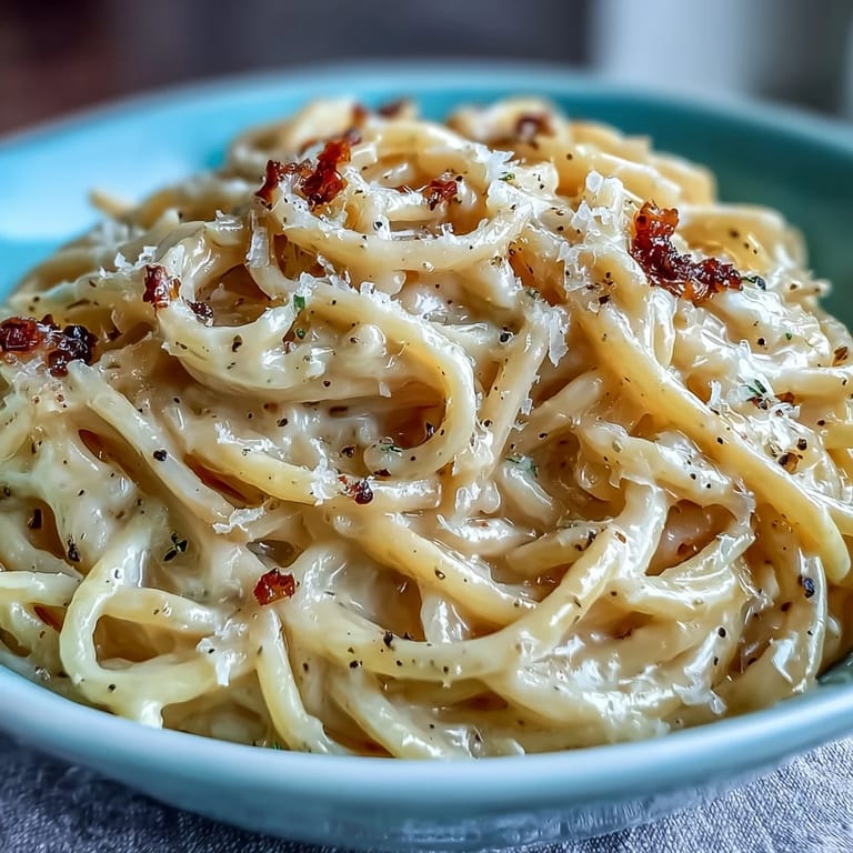 Shallow bowl of Cacio e Pepe topped with freshly cracked black pepper and grated Pecorino, ready to enjoy.