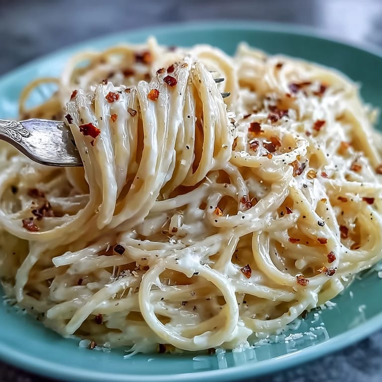 Overhead view of a rustic plate of Cacio e Pepe with visible pepper flecks and a side of white wine.