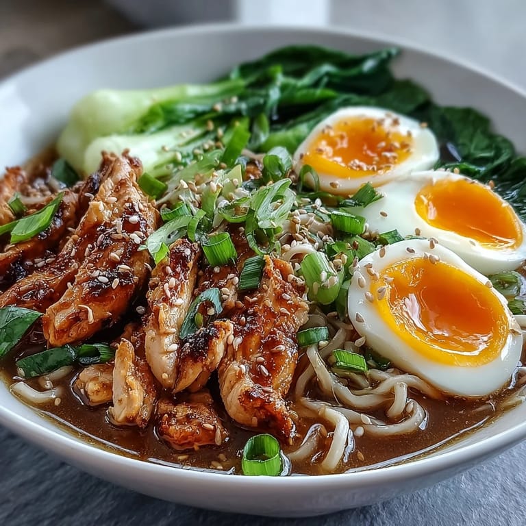 Warm, rich broth surrounds chewy noodles and tender chicken in this Healthy Miso Chicken Noodle Bowl, garnished with sesame seeds and scallions.