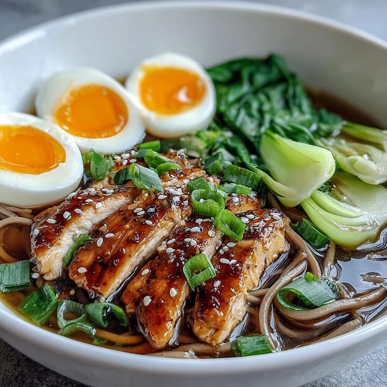 Close-up of Healthy Miso Chicken Noodle Bowls topped with soft-boiled egg halves, fresh cilantro, and nori strips ready for a comforting dinner.