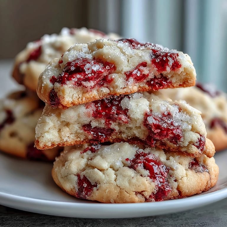 Freshly baked Soft Chewy Raspberry Sugar Cookies arranged on a wire rack, with a bowl of raspberries and a cup of coffee nearby.