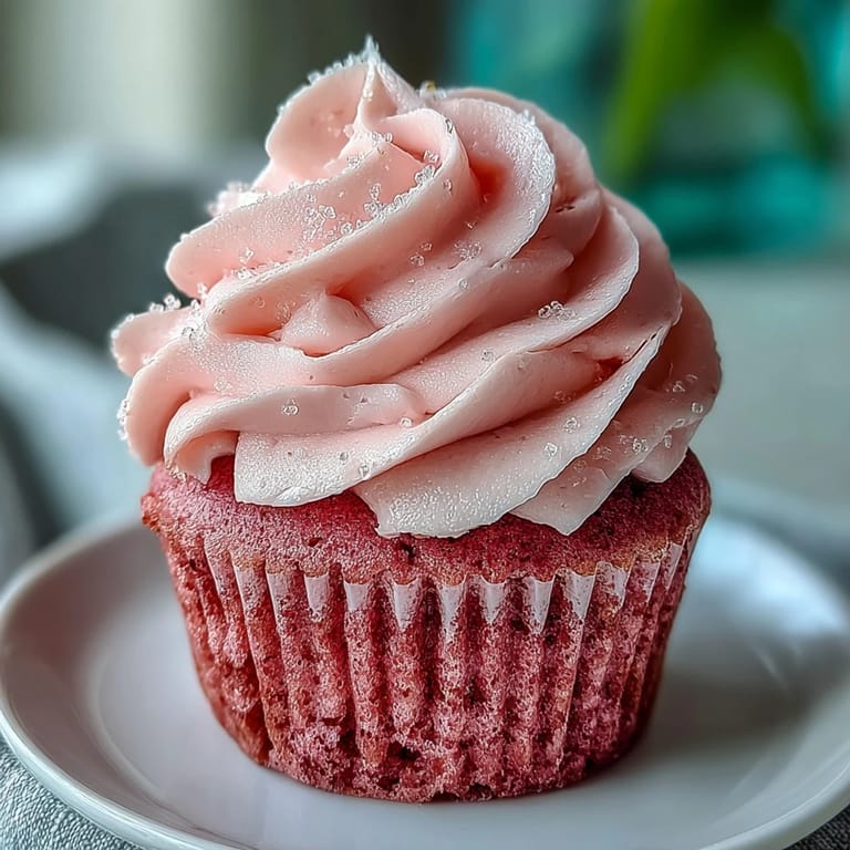 A close-up of Pink Velvet Cupcakes showing moist crumbs and thick, creamy vanilla buttercream frosting.