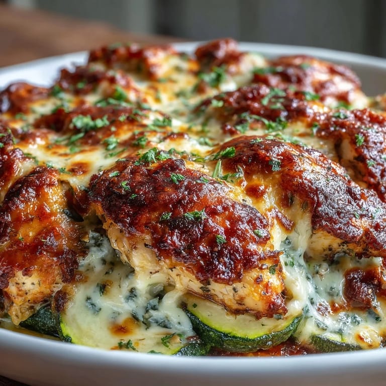 A slice of the High Protein Chicken Zucchini Bake reveals creamy Greek yogurt and egg layers with tender chicken and zucchini in a serving dish.
