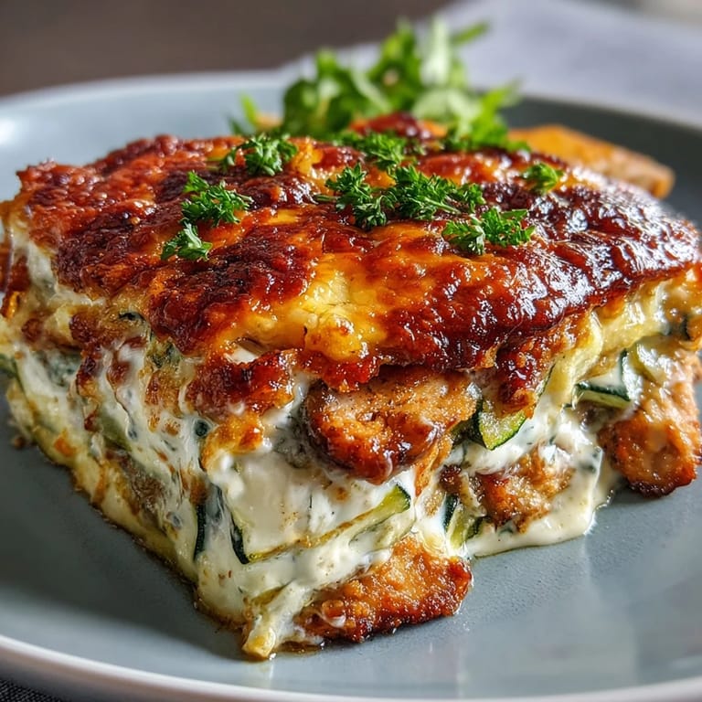 Close-up of the High Protein Chicken Zucchini Bake showing golden, melted cheese, seared chicken bits, and green zucchini ribbons on a plate.