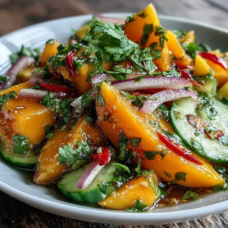 In a white bowl, the Refreshing Mango Salad with Lime Dressing features colorful vegetables and mango chunks coated in a tangy dressing, garnished with extra cilantro.