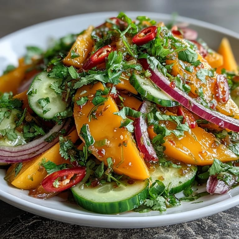 A close-up view of the Refreshing Mango Salad with Lime Dressing highlights juicy mango strips, crisp red onion, and fresh cilantro, ready for a light vegetarian lunch.