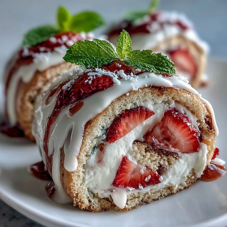 A close-up of sliced Strawberry Shortcake Sushi Roll, revealing delicate layers of crepe, sponge cake, strawberries, and cream.
