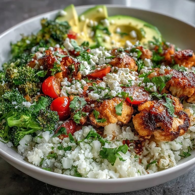 Delicious Cauliflower Rice Bowl garnished with cilantro and optional feta, served ready to eat for dinner.