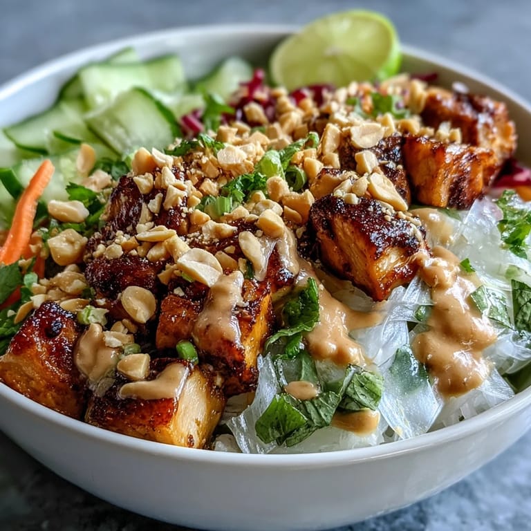 Close-up of a fresh Rice Paper Roll Bowl with crunchy veggies and chopped peanuts for texture.