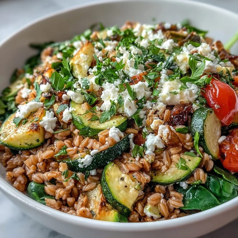 Warm Mediterranean Farro Pasta Bowl garnished with fresh parsley and feta, ready for a light vegetarian dinner.